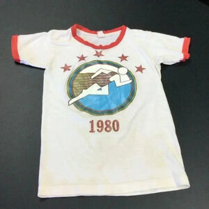 White & Red Kids Graphic T-Shirt with 1980 Swim Design